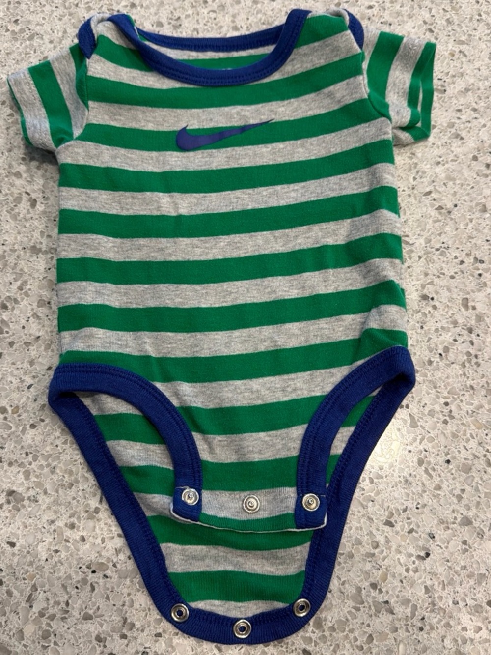Nike Green and Gray Striped Baby Bodysuit with Blue Trim